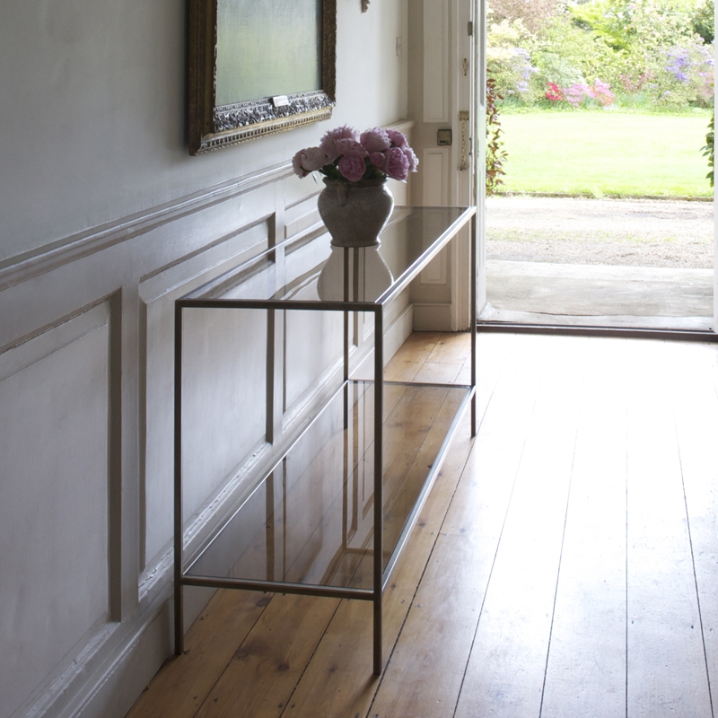 white glass console table